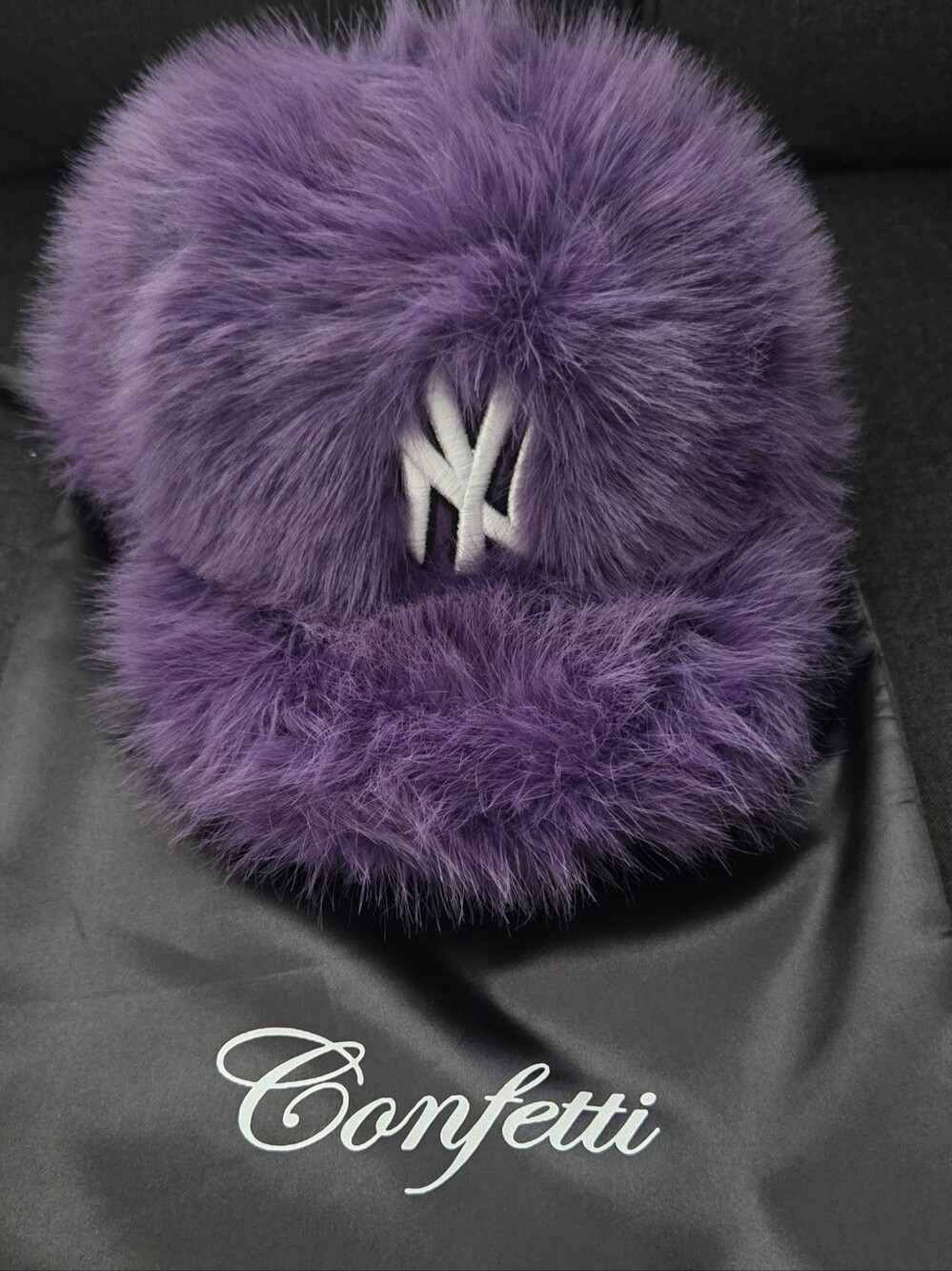 Plush Purple Faux Fur Baseball Cap with Contrasting White Logo